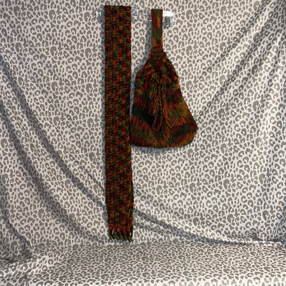 Hand crochet backpack with drawstrings and matching scarf with fringe hem